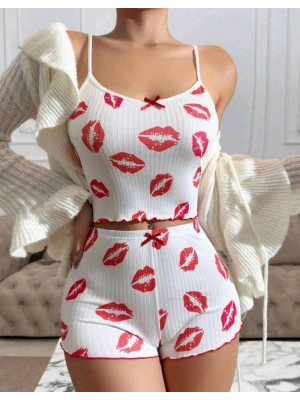 Kadın Beyaz Dudak Desenli Seksi Gecelik Takım 5021