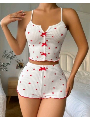 Kadın Beyaz Fiyonk Desenli Seksi Gecelik Takım 5007