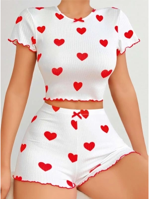 Kadın Beyaz kırmızı kalp Desenli şortlu Gecelik Takım 5023