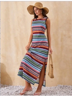 Kadın Bisiklet Yaka Cizgi Desen Süprem Elbise