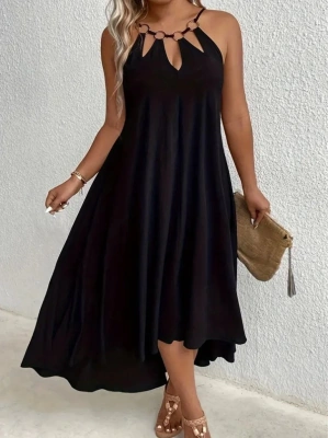 Kadın Boyundan Askılı Damla Detaylı Halkalı Asimetrik Kesim Viskon Elbise