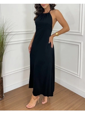 Kadın Boyundan Askılı Halter Kollu Viskon Elbise