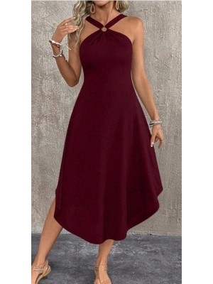 Kadın Boyundan çapraz Askılı Halka Detaylı Asimetrik Kesim Viskon Elbise