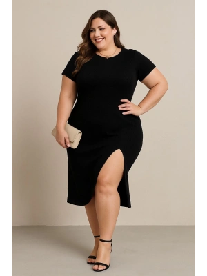 Kadın Büyük Beden Kısa Kollu Yanı Yırtmaçlı Bisiklet Yaka Viskon Elbise