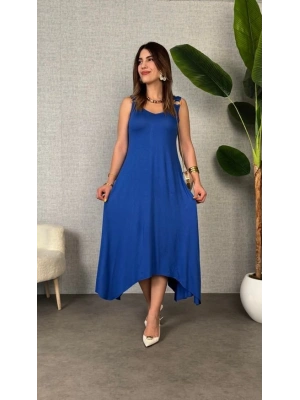 Kadın çan Dokuma Kumaş V Yaka Asimetrik Kesim Elbise