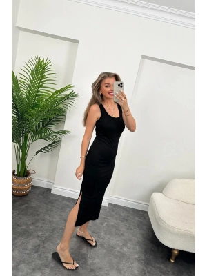 Kadın çift Yırtmaç Detaylı Sıfır Kol Midi Boy Elbise