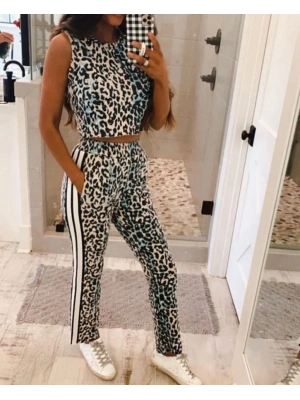 Kadın Dalgıç Kumaş Dijital Leopar Baskılı şerit Detaylı Takım