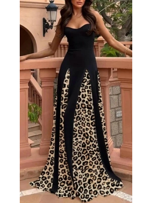 Kadın Dalgıç Kumaş Leopar Desenli Kloş Elbise