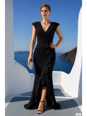 Kadın Dalgıç Kumaş V Yaka Fırfır Detaylı Maxi Boy Elbise