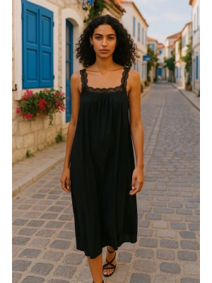 Kadın Dantel Askılı Kare Yakalı Uzun Viskon Elbise