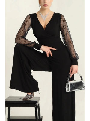 Kadın Derin V Yaka Kolları Puantiyeli Tül Detay Ispanyol Paça Tulum