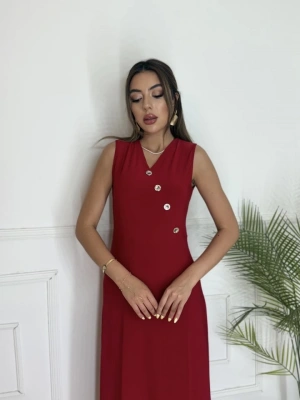 Kadın Düğme Detay Kolsuz Maxi Boy Elbise