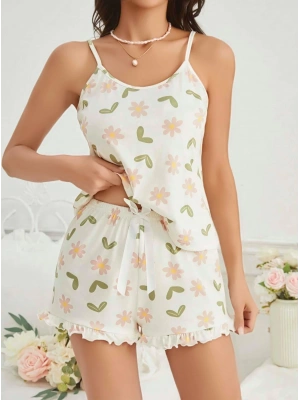 Kadın Ekru Çiçek Baskılı Şortlu Gecelik Pijama Takımı 5047