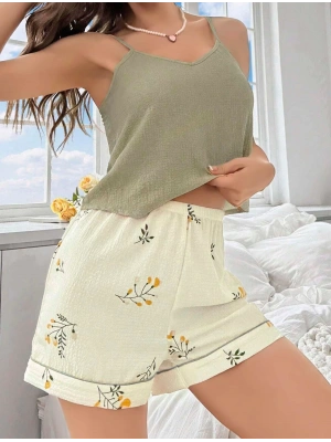 Kadın Ekru Çiçek Baskılı Şortlu Gecelik Pijama Takımı 5099