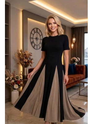 Kadın Eteği Parçalı Kısa Kol Maxi Elbise