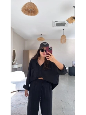 Kadın Flamlı Keten Tek Cep Oversızed Gömlek