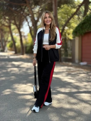 Kadın Hakim Yaka şerit Detay Hırka Ve Bol Paça Pantolon Ikili Takım