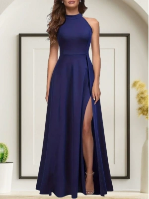 Kadın Halter Yaka Derin Yırtmaç Detaylı Tam Boy Janjan Krep Abiye Elbise