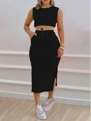 Kadın Iki Iplik Crop Etek Ikili Takım