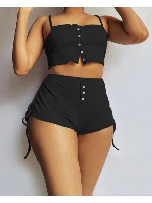 Kadın Ip Askılı Crop Bluz Ve Yanlardan Büzgülü Ikili Kaşkorse Short Takım