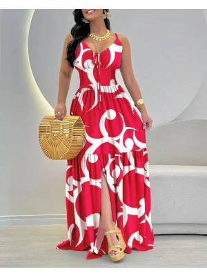 Kadın Ip Askılı Dekolteli Bağcıklı Yırtmaçlı Desenli Süprem Elbise