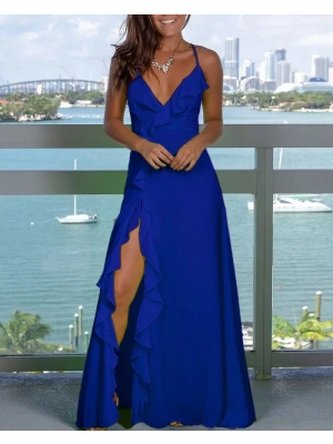 Kadın Ip Askılı Dekolteli Yırtmaç Detay Krep Elbise