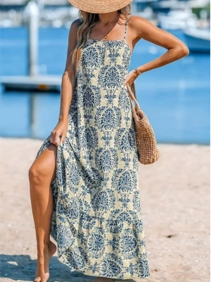 Kadın Ip Askılı Desenli Fırfırlı Süprem Elbise