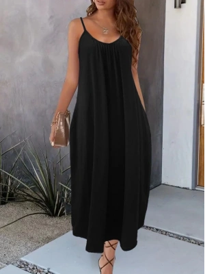 Kadın Ip Askılı Geniş V Yakalı Viskon Elbise