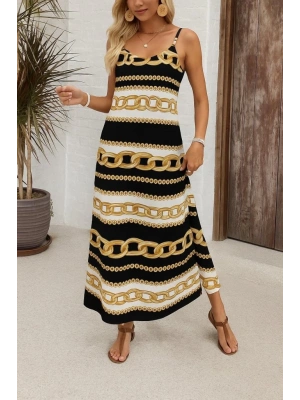 Kadın Ip Askılı Geniş V Yakalı Desenli Süprem Elbise