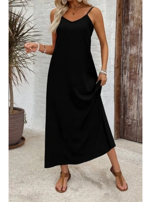 Kadın Ip Askılı Geniş V Yakalı Desenli Süprem Elbise