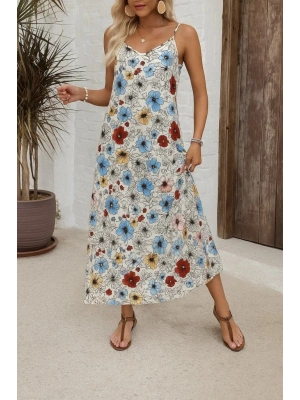 Kadın Ip Askılı Geniş V Yakalı Desenli Süprem Elbise