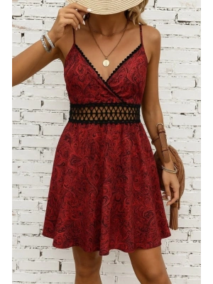 Kadın Ip Askılı Kruvaze Yakalı Desenli Mini Süprem Mini Elbise