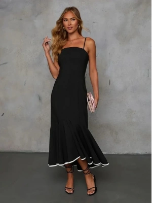 Kadın Ip Askılı Straplez Kesim Detay Maksi Boy Janjan Krep Elbise