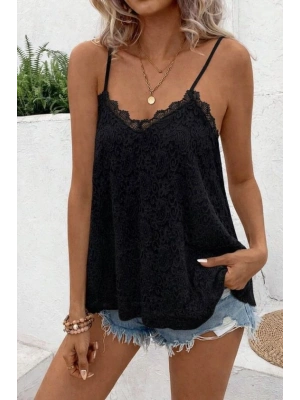 Kadın Ip Askılı V Dantel Yakalı Dantel Bluz