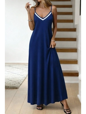 Kadın Ip Askılı V şerit Yakalı Uzun Viskon Elbise