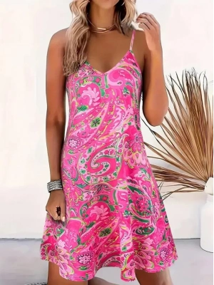 Kadın Ip Askılı V Yakalı Desenli Kısa Süprem Mini Elbise