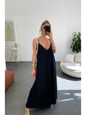 Kadın Ip Askılı V Yakalı Uzun Aerobin Elbise