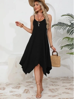 Kadın Ip Askılı Yuvarlak Yakalı Asimetrik Kesim Viskon Elbise