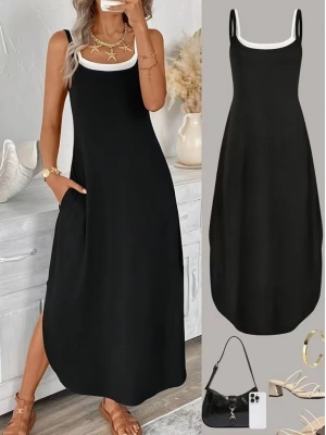 Kadın Ip Askılı Yuvarlak Yakalı Cepli Uzun Viskon Elbise