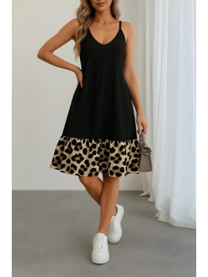 Kadın Ip Detaylı Kısa Elbise Askılı Yuvarlak Yakalı Viskon Etek Süprem Elbise