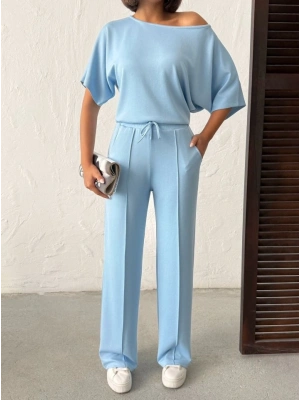 Kadın İsa Kollu Kayık Yaka Bluz Ve Pantolon Misal Kumaş Ikili Takım