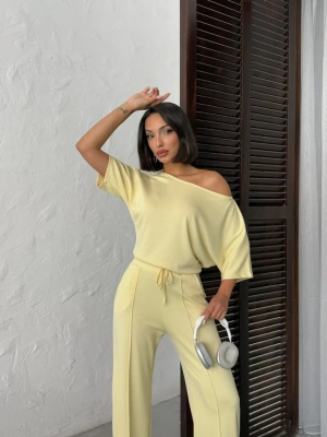 Kadın İsa Kollu Kayık Yaka Bluz Ve Pantolon Misal Kumaş Ikili Takım