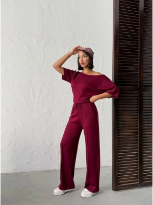 Kadın İsa Kollu Kayık Yaka Bluz Ve Pantolon Misal Kumaş Ikili Takım