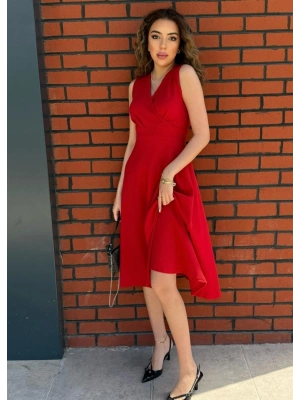 Kadın Ithal Krep Kumaş Kruvaze Yaka Eteği Kloş Kolsuz Mini Elbise