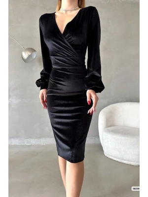 Kadın Kadife Kumaş Kruvaze Yaka Balon Kol Ve Yırtmaç Detaylı Midi Boy Elbise