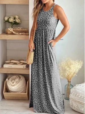 Kadın Kalın Askılı Yuvarlak Yaka Cepli Süprem Maksi Elbise