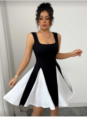 Kadın Kare Yaka çift Renk çan Etek Detay Mini Elbise