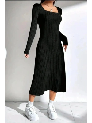 Kadın Kare Yaka Fitilli Kaşkorse Kumaş Midi Boy Elbise