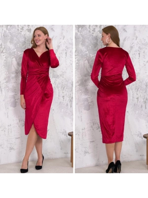 Kadın Kadife Kumaş V Yaka Uzun Kollu Midi Boy Elbise