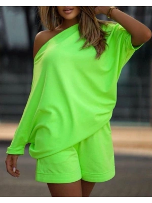 Kadın Kayık Yaka Salaş Iki Iplik Bluz Ve şort Ikili Takım